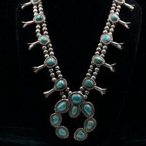 Vintage Native American Squash Blossom Necklace. Unsigned. 30-1/2 inches.